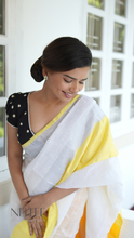Load image into Gallery viewer, WHITE WITH YELLOW BORDER AND SILVER ZARI COTTON SAREE KDM24-9 - NEITEE