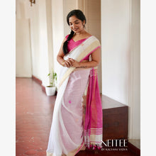Load image into Gallery viewer, WHITE AND PINK BENGAL COTTON SAREE BCA24-11 - NEITEE