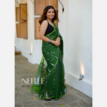 Load image into Gallery viewer, BOTTLE GREEN WITH SILVER ZARI BENGAL COTTON SAREE BCA24-6 - NEITEE