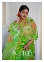 Load image into Gallery viewer, PARROT GREEN PURE MUSLIN JAMDANI SAREE JSJ24-4 - NEITEE