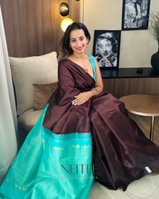 Load image into Gallery viewer, MODERN BURGUNDY KANCHIVARAM CONTRASTING BLUE SAREE KS25-16 - NEITEE