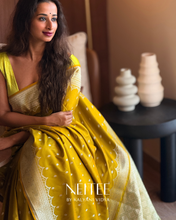 Load image into Gallery viewer, MUSTARD YELLOW MEENAKARI SEMI SATIN BANARASI SAREE SSB25-3 - NEITEE
