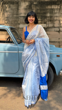 Load image into Gallery viewer, RACHANA WHITE WITH BLUE CONTRAST CHANDERI SILK COTTON SAREE CHM25-1 - NEITEE