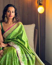 Load image into Gallery viewer, PARROT GREEN SEMI SATIN BANARASI SAREE SSB25-1 - NEITEE