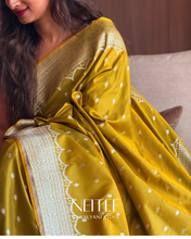 Load image into Gallery viewer, MUSTARD YELLOW MEENAKARI SEMI SATIN BANARASI SAREE SSB25-3 - NEITEE