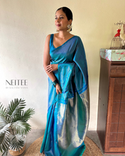 Load image into Gallery viewer, PEACOCK BLUE KANCHIVARAM SILK SAREE KS25-2 - NEITEE