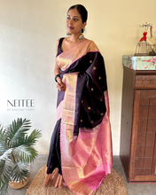 Load image into Gallery viewer, BLACK WITH PASTEL PINK KANCHIVARAM SILK SAREE KS25-10 - NEITEE