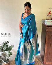 Load image into Gallery viewer, PEACOCK BLUE KANCHIVARAM SILK SAREE KS25-2 - NEITEE