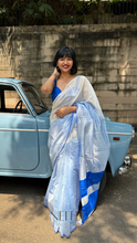 Load image into Gallery viewer, RACHANA WHITE WITH BLUE CONTRAST CHANDERI SILK COTTON SAREE CHM25-1 - NEITEE