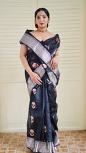 Load image into Gallery viewer, BLACK WITH SILVER AND BABY PINK BOOTAS CHANDERI SILK SAREE CSA24-7 - NEITEE