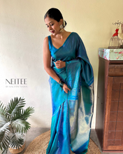 Load image into Gallery viewer, PEACOCK BLUE KANCHIVARAM SILK SAREE KS25-2 - NEITEE