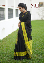 Load image into Gallery viewer, BLACK YELLOW CHANDERI SAREE IN COTTON SILK BLEND CHF21-2 - NEITEE