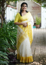 Load image into Gallery viewer, WHITE YELLOW CHANDERI ORGANZA SILK SAREE CHF21-4 - NEITEE