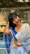 Load image into Gallery viewer, RACHANA WHITE WITH BLUE CONTRAST CHANDERI SILK COTTON SAREE CHM25-1 - NEITEE

