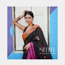 Load image into Gallery viewer, ORANGE -PINK ON BLACK BENGAL COTTON SAREE BCA24-4 - NEITEE
