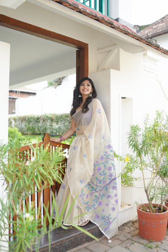 OFFWHITE LAVENDER MUSLIN JAMDANI SAREE JSJ24-12 - NEITEE