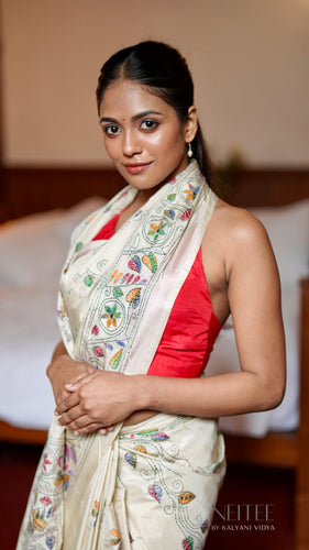 OFF WHITE MULTICOLOUR KANTHA SILK SAREE KSJ24-4 - NEITEE