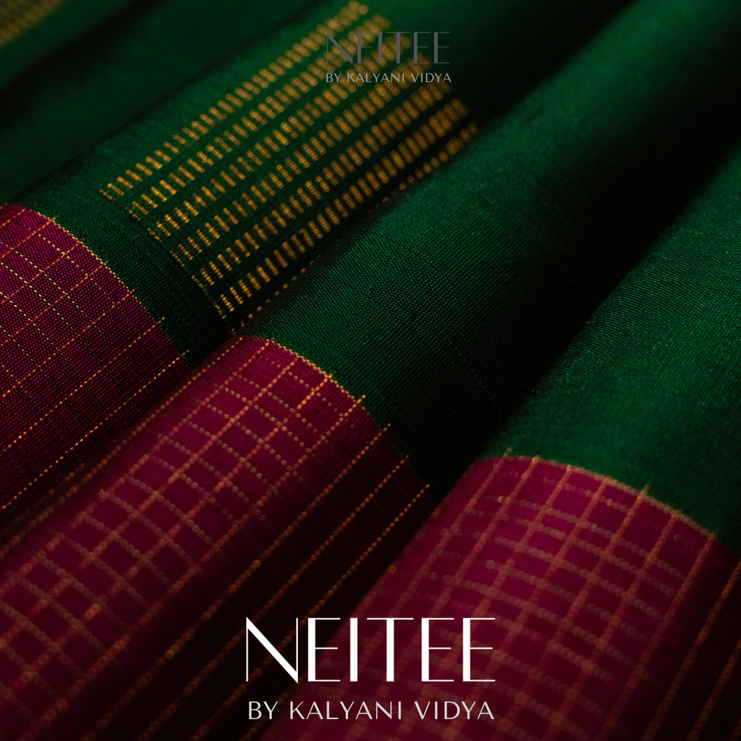 DARK GREEN WITH RANI PINK KANCHIVARAM SILK SAREE KS25-7 - NEITEE