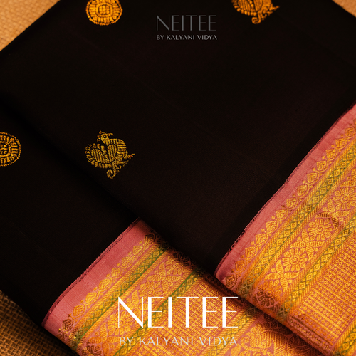 BLACK WITH PASTEL PINK KANCHIVARAM SILK SAREE KS25-10 - NEITEE