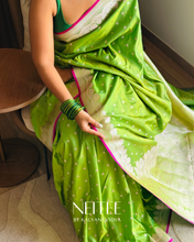 Load image into Gallery viewer, PARROT GREEN SEMI SATIN BANARASI SAREE SSB25-1 - NEITEE
