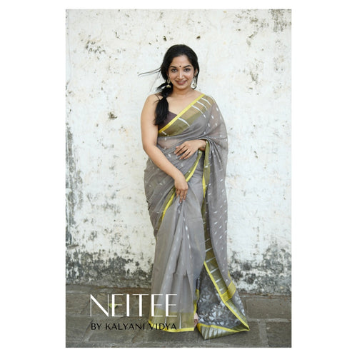 GREY AND YELLOW BENGAL COTTON SAREE BCA24-5 - NEITEE