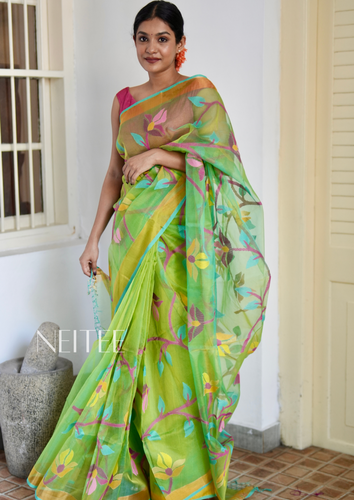 GREEN PINK PURE MUSLIN JAMDANI SAREE JSJ24-10 - NEITEE