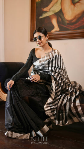 BLACK AND SILVER ZARI CHANDERI SILK SAREE CSA24-5 - NEITEE