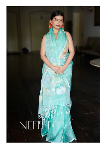 LIGHT TURQUOISE AND WHITE LOTUS PURE MUSLIN JAMDANI JSJ24-12 - NEITEE