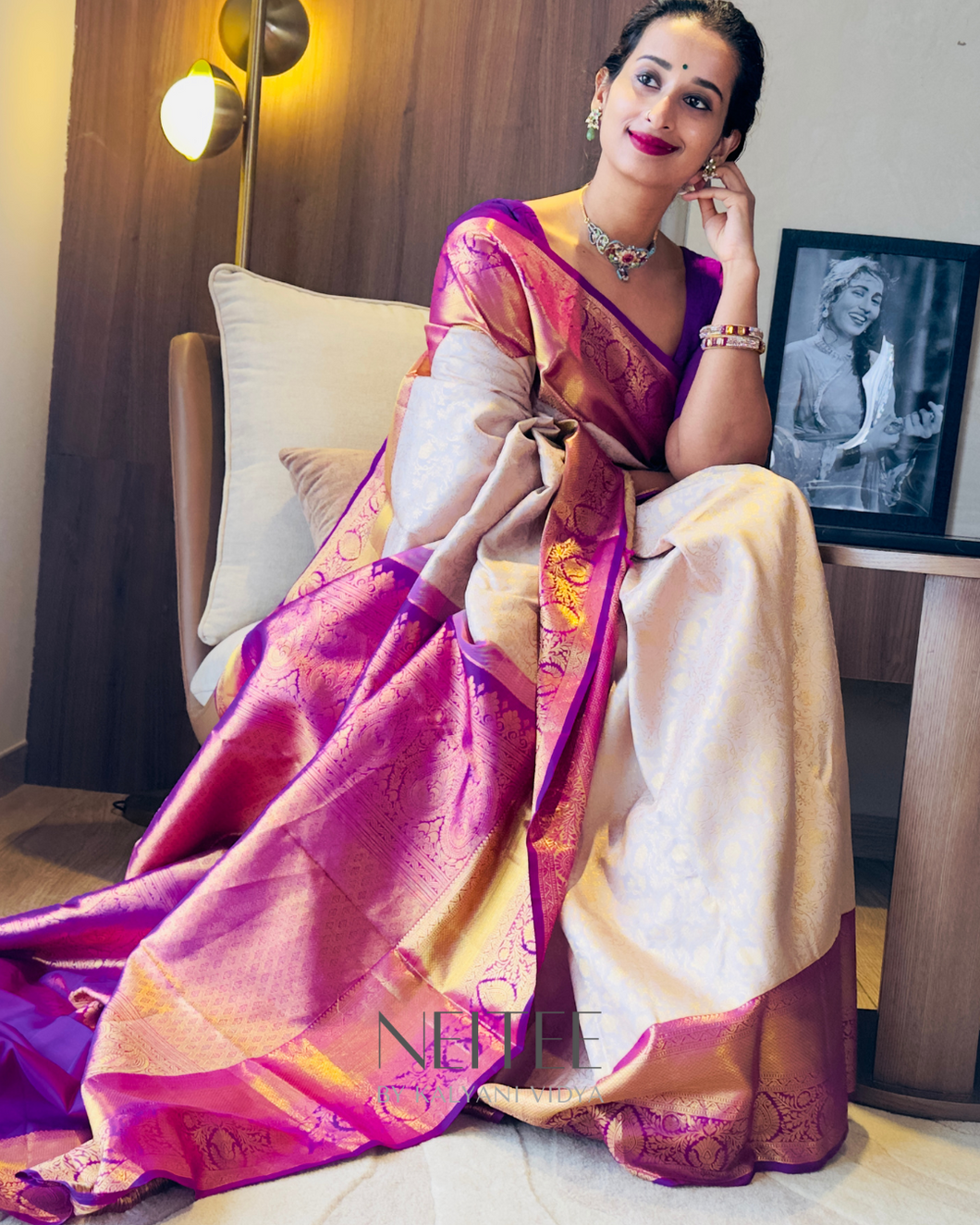 GREY JAAL BODY WITH VIBRANT PURPLE KANCHIVARAM SAREE KS25-13 - NEITEE