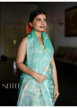 Load image into Gallery viewer, LIGHT TURQUOISE AND WHITE LOTUS PURE MUSLIN JAMDANI JSJ24-12 - NEITEE
