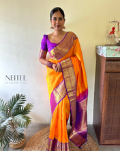 Load image into Gallery viewer, ORANGE WITH PURPLE KANCHIVARAM SILK SAREE KS25-1 - NEITEE
