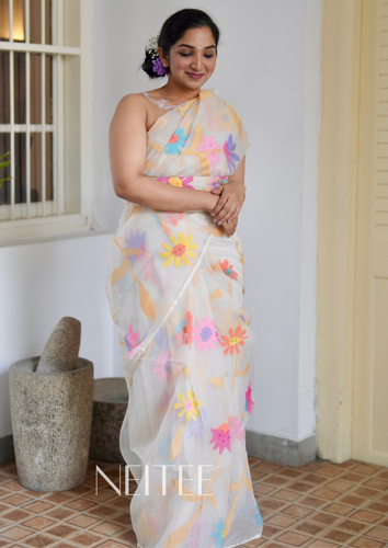 IVORY WITH MULTI COLOURED JAAL PURE MUSLIN JAMDANI JSJ24-11 - NEITEE