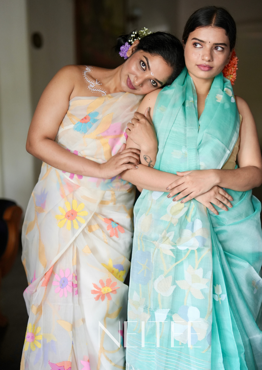 IVORY WITH MULTI COLOURED JAAL PURE MUSLIN JAMDANI JSJ24-11 - NEITEE