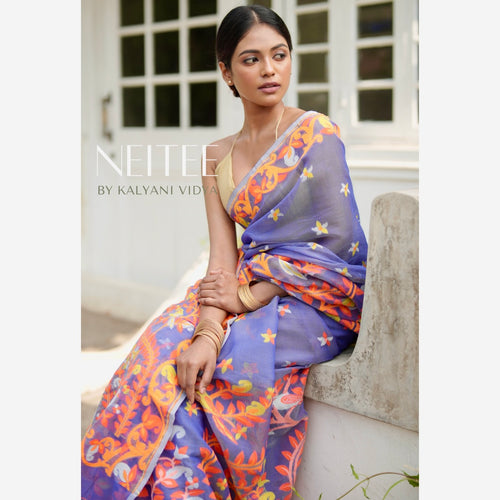 CYAN BLUE BUTTERFLY BENGAL COTTON SAREE BCA24-3 - NEITEE
