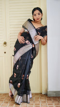 Load image into Gallery viewer, BLACK WITH SILVER AND BABY PINK BOOTAS CHANDERI SILK SAREE CSA24-7 - NEITEE
