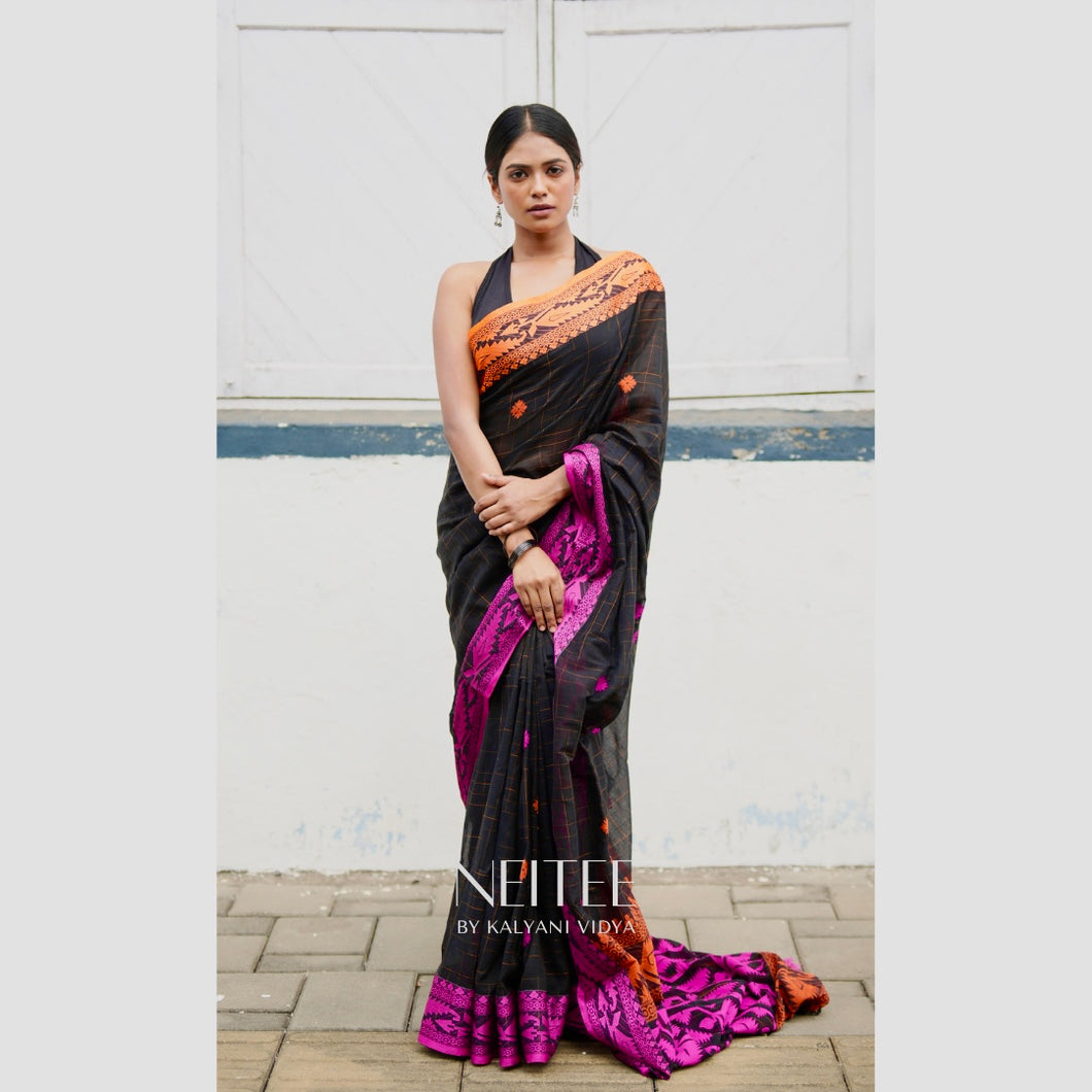 ORANGE -PINK ON BLACK BENGAL COTTON SAREE BCA24-4 - NEITEE