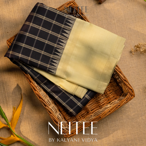 BROWN CHECKS WITH PISTA WHITE KANCHIVARAM SILK SAREE KS25-6 - NEITEE