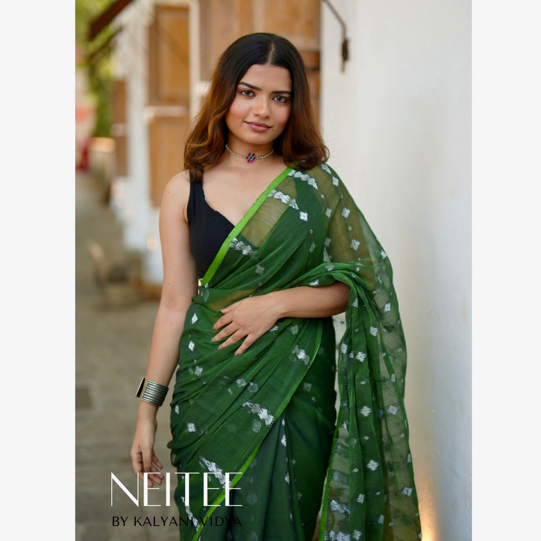 BOTTLE GREEN WITH SILVER ZARI BENGAL COTTON SAREE BCA24-6 - NEITEE