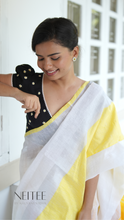 Load image into Gallery viewer, WHITE WITH YELLOW BORDER AND SILVER ZARI COTTON SAREE KDM24-9 - NEITEE
