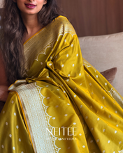 Load image into Gallery viewer, MUSTARD YELLOW MEENAKARI SEMI SATIN BANARASI SAREE SSB25-3 - NEITEE
