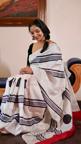 BLACK AND WHITE WITH RED PURE SILK SAREE CSA24-3 - NEITEE