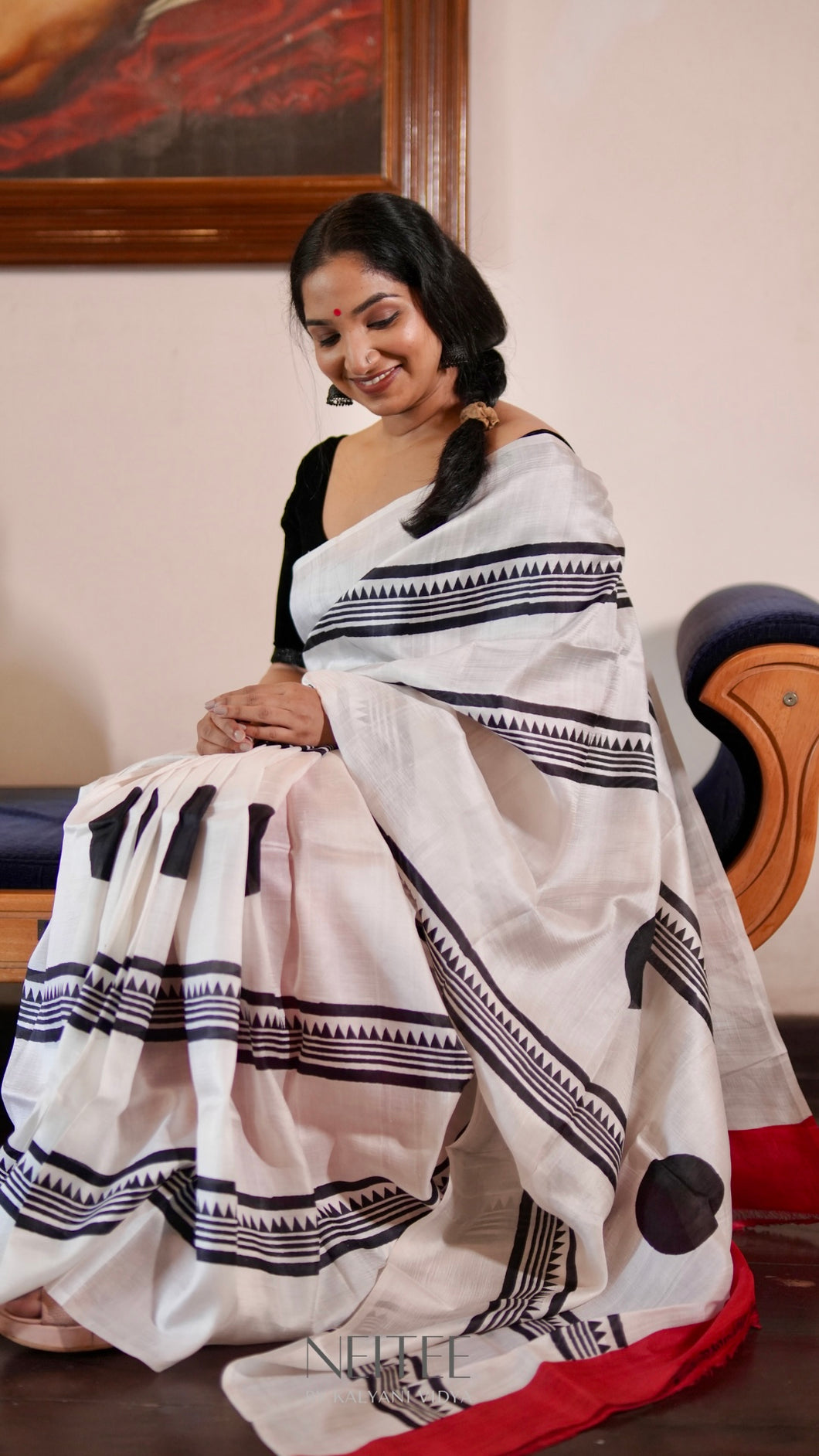 BLACK AND WHITE WITH RED PURE SILK SAREE CSA24-3 - NEITEE