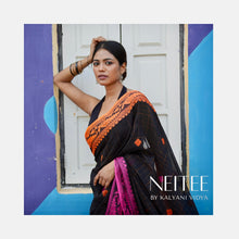Load image into Gallery viewer, ORANGE -PINK ON BLACK BENGAL COTTON SAREE BCA24-4 - NEITEE
