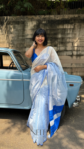 RACHANA WHITE WITH BLUE CONTRAST CHANDERI SILK COTTON SAREE CHM25-1 - NEITEE
