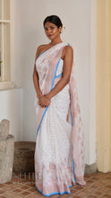 Load image into Gallery viewer, WHITE WITH DOVE MOTIF AND BLUE BORDER SAREE KDM24-6 - NEITEE

