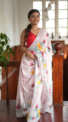 WHITE WITH RED-YELLOW FOLRALS COTTON SAREE KDM24-8 - NEITEE