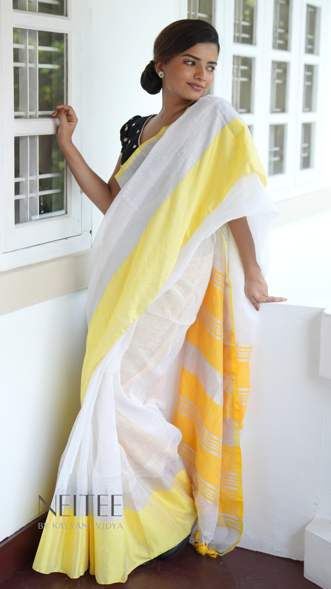 WHITE WITH YELLOW BORDER AND SILVER ZARI COTTON SAREE KDM24-9 - NEITEE