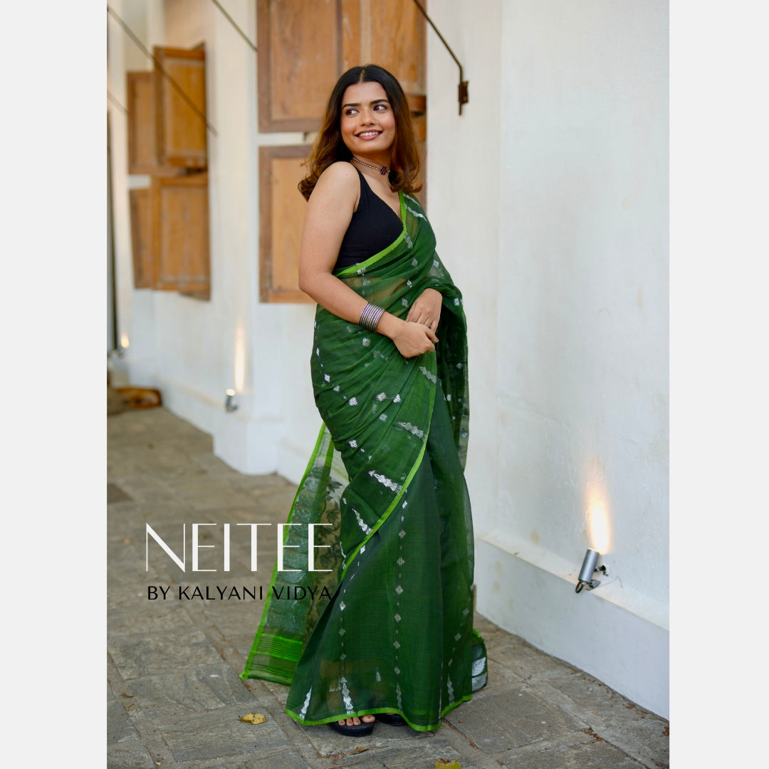 BOTTLE GREEN WITH SILVER ZARI BENGAL COTTON SAREE BCA24-6 - NEITEE