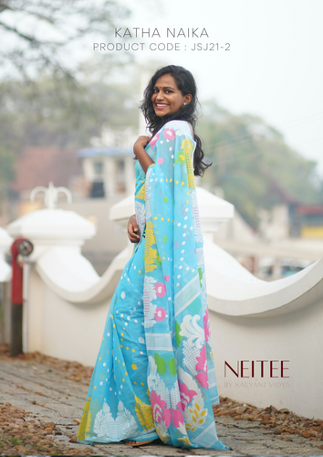 BLUE POLKA DOTS & PEACOCK JAMDANI SAREE JSJ21-2 - NEITEE