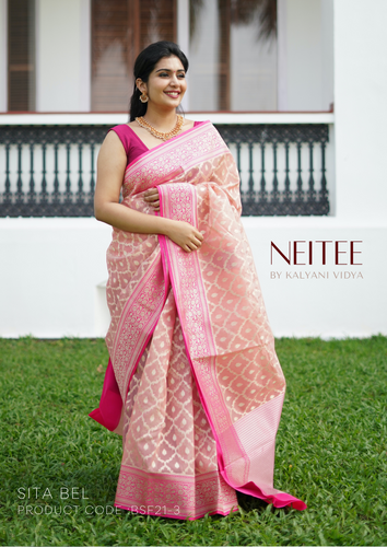 ONION PINK KORA SILK BANRASI SAREE BSF21-3 - NEITEE